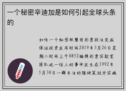 一个秘密辛迪加是如何引起全球头条的